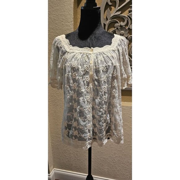 Ultra Pink Tops - Ultra Pink Women's Whimsey Cottagecore Sheer Lace Floral Button-Front Blouse M
